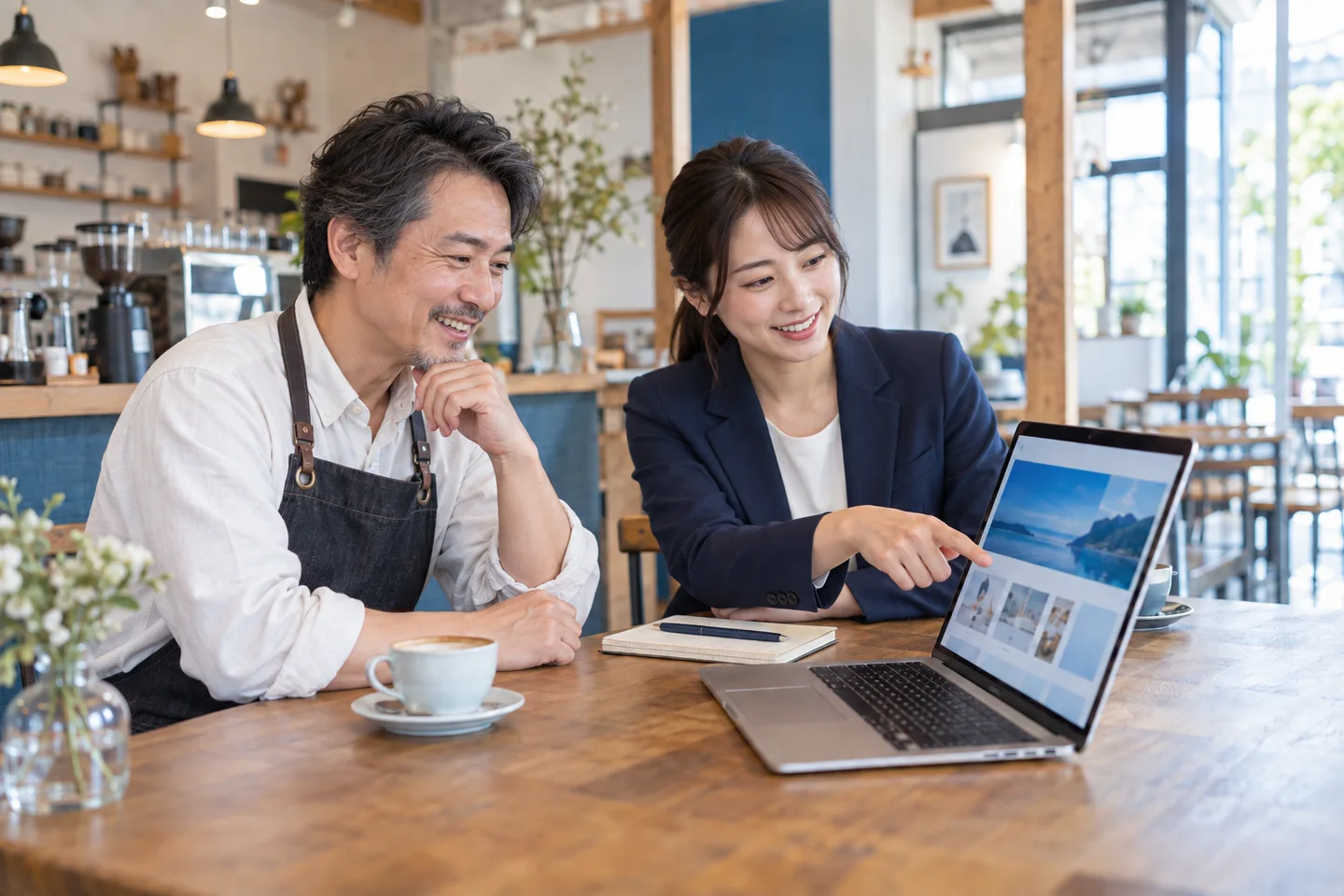 カフェ店内でホームページを確認する50歳前後の男性店舗オーナーとスーツ姿の女性営業担当者